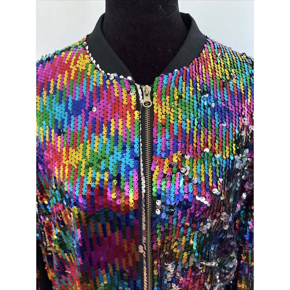 Cresay Womens Rainbow Sequin Bomber Jacket Festival Raves Disco Glam | L